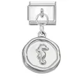 Italian modular charm link featuring a round seahorse pendant in polished silver finish - Seahorse