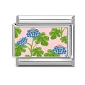 Italian charm link featuring hand-painted blue flowers on pink background with steel frame - Pink Base Blue Cluster Flower