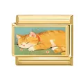 Italian modular charm link in gold finish featuring a sleeping orange cat illustration - Sleeping Orange Cat Style (M293727-1)