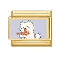 Italian charm link with golden finish featuring a white fluffy dog holding red flowers - Bichon with Flowers Style (M293727-2)