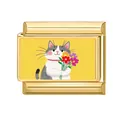 Italian charm link with gold finish and cute cat with flowers illustration - Cat with Bouquet Style (M293727-4)