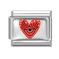 Italian charm link featuring a red heart with evil eye design on stainless steel base - Heart with Evil Eye / 1.0cm x 0.9cm