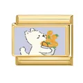 Italian charm link with gold finish featuring a cute white cat holding orange basket - Pet with Oranges Style (M293727-5) / 1*0.9cm