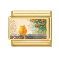 Italian charm link with orange cat on wall illustration in golden stainless steel - Cat on the Wall Style (M293727-7) / 1*0.9cm