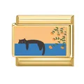 Italian charm link featuring a black cat illustration on a golden stainless steel base - Lying Black Cat Style (M293727-8) / 1*0.9cm
