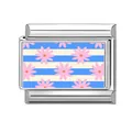 Italian charm link with pink daisy flower on blue and white striped background - Pink Daisy Blue Stripes