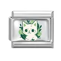 Italian modular charm in stainless steel featuring a cute hand-painted green forest cat - 1cm x 0.9cm / Gentle Cat with Green Leaves (Pet-3)