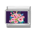 Italian charm link with pink rose pattern on purple base for DIY modular bracelet - Purple Rose (Flower 6)