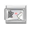 Italian charm link featuring cute cartoon cats and heart in polished stainless steel - 1cm x 0.9cm / Hugging Tabby and White Cat (Pet-4)