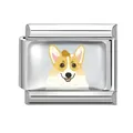 Italian modular charm featuring a cute cartoon corgi with fried chicken on silver metal - 1cm x 0.9cm / Corgi with Fried Chicken on Head (Pet-5)