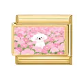 Italian modular charm bracelet link in gold featuring a white puppy and pink flowers - Dog in Flower Sea Style (M293727-12) / 1*0.9cm
