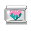 Italian charm bracelet link featuring a pink and cyan melting heart on silver steel - Melting Heart / 1x0.9cm / Silver