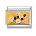 Italian charm link with yellow floral pattern on polished stainless steel base - Yellow Base Lush Flowers (Flower 9)