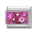 Italian charm link featuring a hand-painted purple flower on a stainless steel base - Purple Base White Flowers (Flower 10)