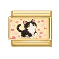 Italian charm link featuring a cartoon cat and pink hearts on a gold metal base - Cat with Hearts Style (M293727-15) / 1*0.9cm