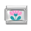 Italian charm link featuring pink and cyan floral patterns on polished steel - Pink and Blue Flowers / 1x0.9cm / Silver