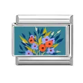 Italian charm link with colorful floral pattern and polished stainless steel finish - Teal Base Flower (Flower 14)