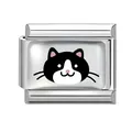 Italian charm link with cute black and white tuxedo cat design in polished stainless steel - 1cm x 0.9cm / Cow Cat Head (Pet-13)