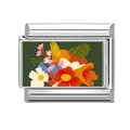 Italian modular bracelet charm with a colorful blooming floral pattern on dark green - Dark Green Base Flower (Flower 15)