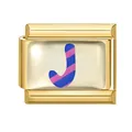 Italian modular charm link in gold-tone steel featuring blue and pink striped letter J - 1x0.9cm / Letter J