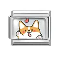 Italian charm link with cute cartoon corgi and red heart in silver stainless steel - 1cm x 0.9cm / Waving Corgi with Heart (Pet-16)
