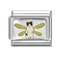 Italian charm link with winged black and white cat illustration in stainless steel - 1cm x 0.9cm / Winged Fairy Cat (Pet-18)