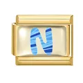 Italian modular charm in gold finish with blue striped letter N design for bracelets - 1x0.9cm / Letter N