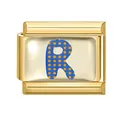 Italian modular charm link in gold featuring a blue polka dot letter R pattern - 1x0.9cm / Letter R