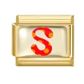 Italian charm link with gold frame and red letter S with orange polka dots - 1x0.9cm / Letter S