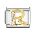 Charm modulare italiano in acciaio inossidabile con lettera R dorata e cristalli - Stile Lettera R
