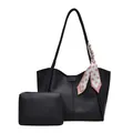 Set borsa tote nera minimalista con pochette coordinata e decorazione foulard di seta - Nero