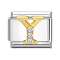 Charm modulare italiano con lettera Y dorata e tre cristalli su base in acciaio - Stile Lettera Y