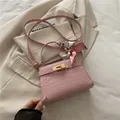 Pink crocodile pattern square bag with decorative silk scarf and golden lock - Pink