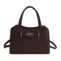Elegant vintage dark brown leather handbag with wavy top and silver clasp on white background - Brown