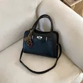 Classic black top handle bag with lychee pattern leather and gold metal buckle - Black With Rabbit Pendant