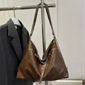Retro dark brown large capacity tote bag in matte PU leather for daily commute - Brown