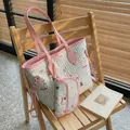 Cartoon Bär Shopper Set mit blauem Karomuster und rosa Lederbesatz für Damen - Rosa
