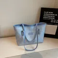 Light blue floral embroidered tote bag with diamond lattice pattern and thin straps - Basic Style / Blue