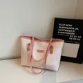 Pink floral jacquard tote bag with leather straps and golden rivets for women - Basic Style / Pink