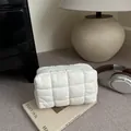 Quilted nylon puffy cosmetic bag in white color with soft padded grid pattern - White