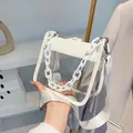 White transparent PVC square bag featuring chunky plastic chain and fabric strap - White