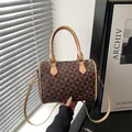 Brown geometric checkerboard Boston handbag with top handles and adjustable strap - Brown
