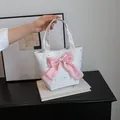 White canvas tote bag with silver stars and a large pink satin bow detail - With Bow / White