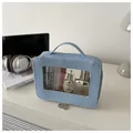 Detail view of large capacity makeup bag with transparent window and golden dual zippers - Blue