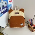 Cute bear-ear corduroy backpack in cream and caramel with front zipper pocket - Brown