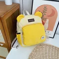 Corduroy bear ear backpack in bright yellow and white patchwork with brand leather label - Yellow