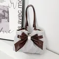 Sac fourre-tout à pois blancs avec grand nœud marron et doubles bandoulières - Blanc Cassé