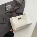 Minimalist off-white textured tote bag with dark brown leather straps and metal logo - Single Bag / Brown