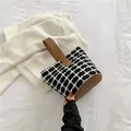 Large capacity tote bag with black and white plaid pattern and brown leather handle - Black