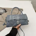 Blue denim crossbody bag with silver lock and round FASHION charm, stylish retro style - Blue